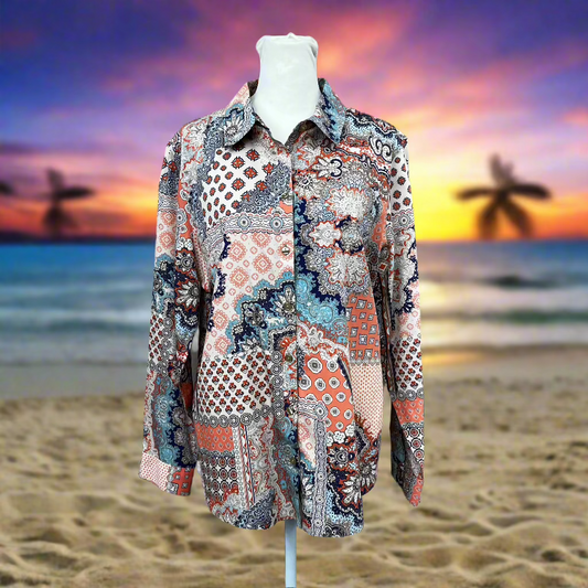 CHICO's Geometrical Floral Button Up Shirt Women's Size 2