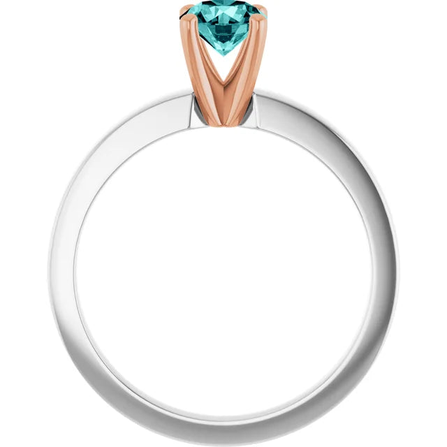 14K White/Rose 5.2 mm Round Solitaire Engagement Ring .50 CT (.45-.69) Round Full-Cut SI Natural Teal Blue Diamond