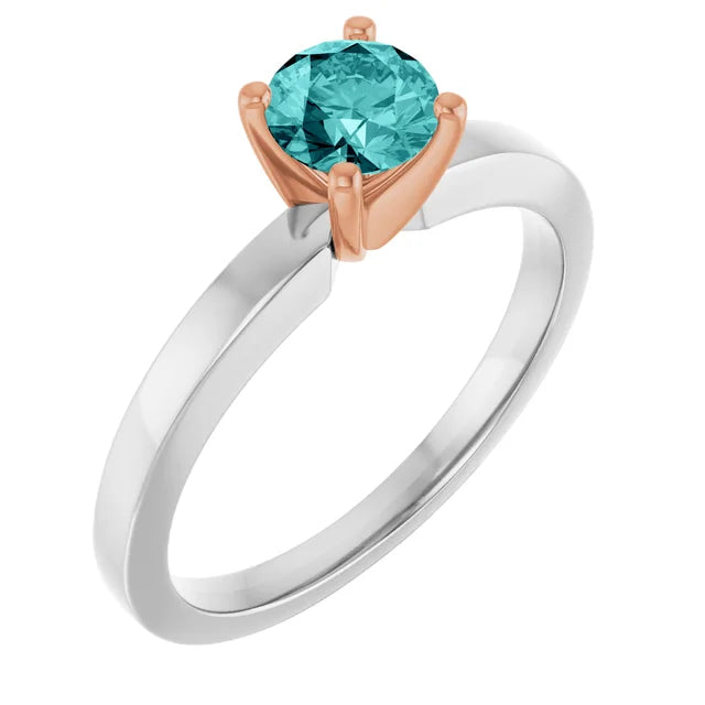 14K White/Rose 5.2 mm Round Solitaire Engagement Ring .50 CT (.45-.69) Round Full-Cut SI Natural Teal Blue Diamond