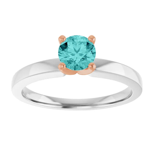 14K White/Rose 5.2 mm Round Solitaire Engagement Ring .50 CT (.45-.69) Round Full-Cut SI Natural Teal Blue Diamond