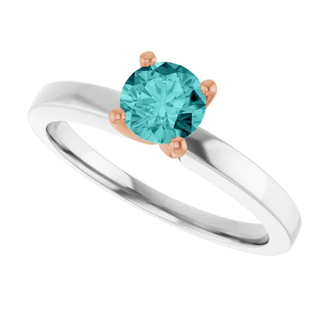 14K White/Rose 5.2 mm Round Solitaire Engagement Ring .50 CT (.45-.69) Round Full-Cut SI Natural Teal Blue Diamond